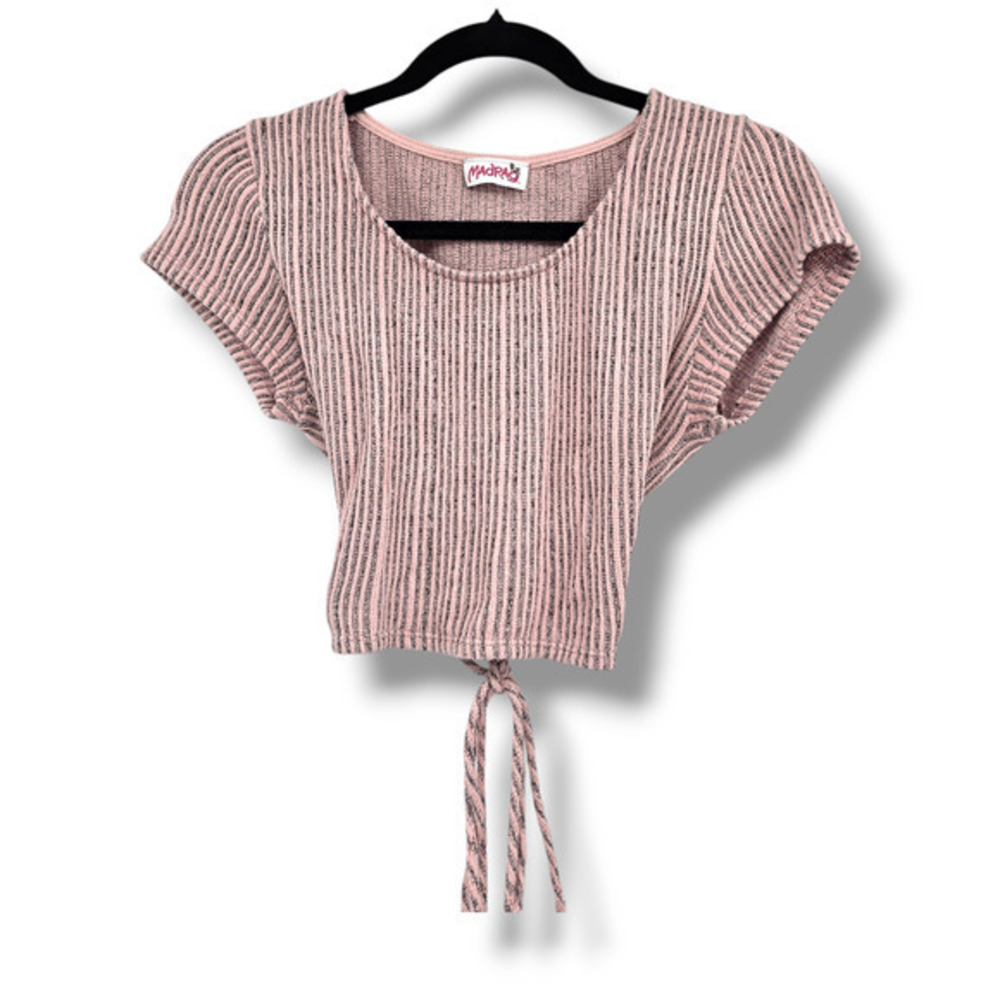 Mad Rag Women's Striped Woven Open‎ Back Lattice Tie Cropped Top Pink Small